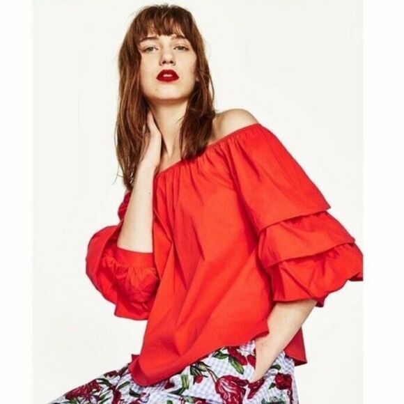 Zara Off the Shoulder Puff Sleeve Red Orange Top Sz Small - Picture 1 of 12